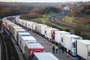 Parked lorries on the outskirts of Ashford, amid the coronavirus disease (COVID-19) outbreak